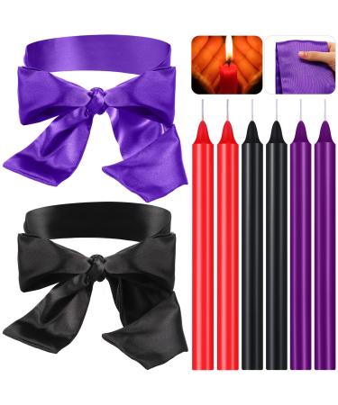 Coume 8 Pcs Low Temperature Candles Silk Blindfold Wax Play Candles Romantic Candles Long Thin Drip Candles Satin Eye Mask Sleeping Covers Blindfolds for Couple (Purple Black) 150 cm
