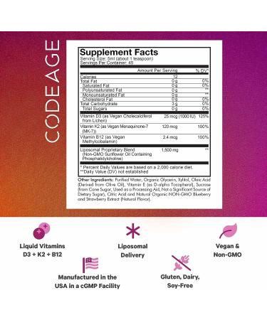 Codeage Liposomal Wonder-D Vitamin D3 1000 IU Vegan Liquid Drops with B12, K2 & Vitamin E, Non-GMO, Plant-Based, Mixed Berry Flavor - 7.6 fl oz - Buy Online on GoSupps.com
