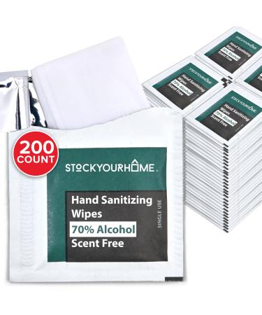 Stock Your Home Hand Sanitizer Wipes 200 Pack Antibacterial Hand Wipes Individually Wrapped Small Hand Sanitizer Wipes Travel Size. Wet Wipes for Restaurants Travel Guests and More