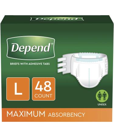 Depend Incontinence Protection with Tabs, Maximum Absorbency, L, 48 Count (3 Packs of 16 Count) (Packaging May Vary)