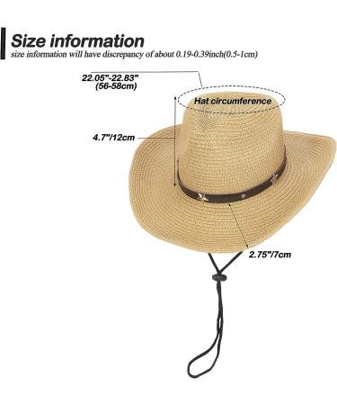 Khaki Straw Cowboy Cowgirl Hat with Wide Brim Sun Protection - Men Women Western Style - Buy Online on GoSupps.com