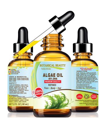 Botanical Beauty ALGAE OIL Omega 3 Oil 40% DHA 100% Natural for FACE SKIN BODY HAIR NAILS 2 Fl.oz.- 60 ml Skin Moisturizer Oil Skin Nourishing Oil