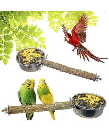 TTEIOPI 2 Pack Bird Feeding Dish Cups,Hanging Stainless Steel Parrot Cage Feeder & Water Bowl with Natural Wood Perch Platform for Parakeet Cockatiels Lovebirds Budgie.