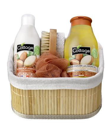 Cottage Argan Oil Gift Set - 1 Oil Shower Gel + 1 Moisturizing Body Lotion + 1 Shower Puff + 1 Pumice Brush - Made in France