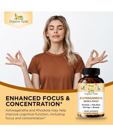 Organic Veda Ashwagandha Mood Support Supplement 1200mg with Organic Ashwagandha Root Bacopa Rhodiola Rosea Holy Basil Moringa Focus & Energy Support - 60 Vegan Capsules - Buy Online on GoSupps.com