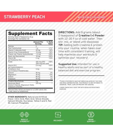 Optimum Nutrition Creatine Monohydrate Plus Powder Strawberry Peach Flavored Creatine Performance Blend with Electrolytes for Hydration Added Vitamins 40 Servings 360 Grams (Packaging May Vary) Strawberry Peach 360 Gra  - Buy Online on GoSupps.com