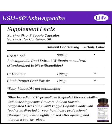 LIIFE KSM-66 Ashwagandha 600mg | with L-Theanine &Black Pepper| Natural Stress Relief Cortisol & Sleep Aid Supplement for Men & Women | Muscle Growth & Mood Relaxation Energy |60 Veggie Capsules - Buy Online on GoSupps.com