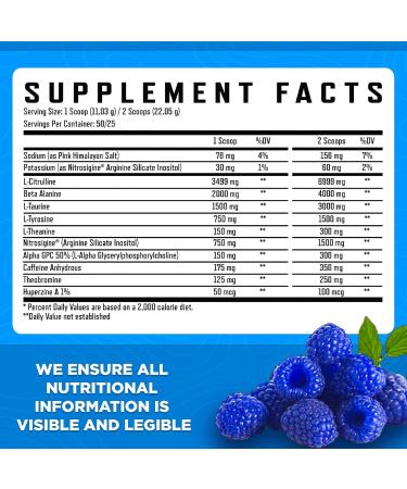 Rebel Supplements Blue Razz Loaded Pre Workout - Extreme Energy Focus & Pumps | 50 Servings | 7000mg L-Citrulline 4000mg Beta Alanine 350mg Caffeine - Buy Online on GoSupps.com
