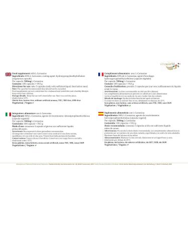 Vita World Pack of 3 L-Carnosine 500mg 3 x 100 Vegetable Capsules Pharmacy Production Made in Germany - Buy Online on GoSupps.com