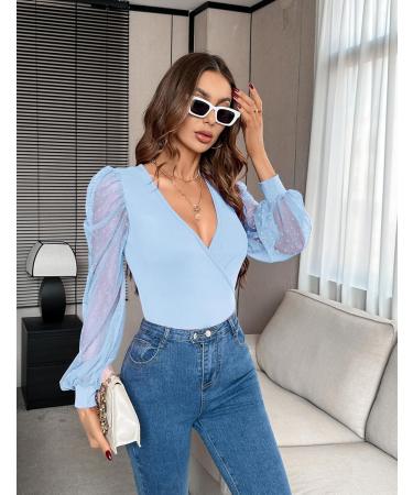 Fayenne Womens Tops Deep V Neck Cross Wrap Sexy Tops Polka Dot Mesh Long Sleeve T Shirt Casual Blouses XXL Light Blue - Buy Online on GoSupps.com