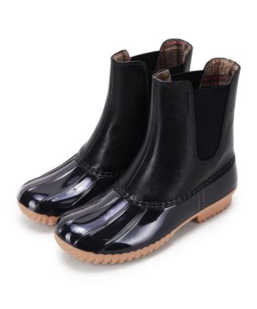 Kathemoi Womens Duck Boots Slip on Ankle Boots Waterproof Booties Mid Calf Leopard Snow Rain Boots 9 Black