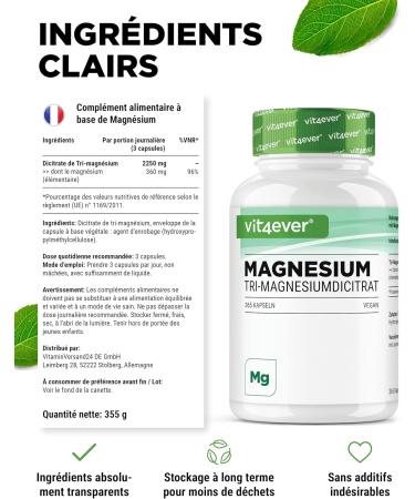 Magnesium Citrate - 365 capsules - 2250mg including 360 mg of Elemental Magnesium Per Daily Serving - 100% Tri-Magnesium Dicitrate without additives - Laboratory tested - High dosed - Vegan - Buy Online on GoSupps.com