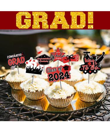 48pcs Graduation Cupcake Toppers Red Grad Cap Diploma Cupcake Toppers Supplies for Graduation Class of 2024 Party Decorations 8 designs - Buy Online on GoSupps.com