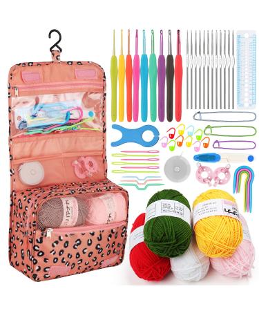 Aeelike Crochet Kit for Beginners Adults 59pcs Crochet Starter Kit - Includes Yarn Ergonomic Crochet Hooks Lace Crochet Needles and Hanging Storage Case Ideal Crochet Gifts for Beginners Kids leopard print