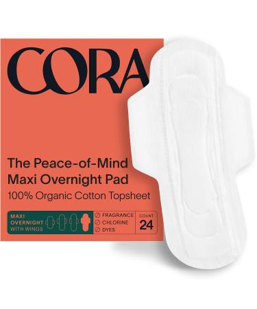 Cora Organic Cotton Topsheet Maxi Pads | Ultra Thin Period Pads with Wings | Maxi Overnight Absorbency | Unscented, Comfortable, Powerfully Absorbent, Leak Protection (24 Count)