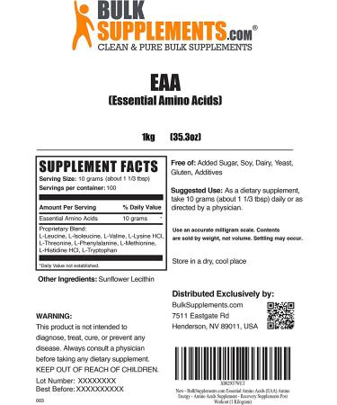 BulkSupplements Essential Amino Acids Powder (EAA) - 1kg - High Quality Amino Acid Supplement - Buy Online on GoSupps.com