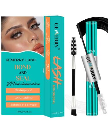 GEMERRY Lash Bond and Seal 12ml Bond and Seal Lash Glue for Lash Clusters Lash Glue Strong Hold for 72-96 Hours Lash Cluster Glue Mascara Eyelash Glue for Self Use at Home 12ml Black Bond+White Seal