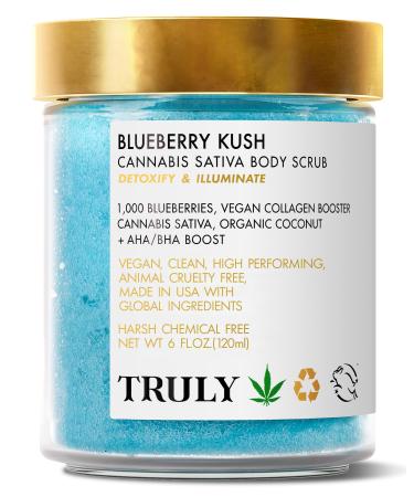 Truly Beauty Blueberry Kush Body Scrub with Hydroxy Acids and Vegan Collagen - Detoxifying Sugar Scrub for Women - Exfoliating Body Scrub for Flawless and Luminous Skin - 6 oz Blueberry Kush 6 Fl Oz (Pack of 1)