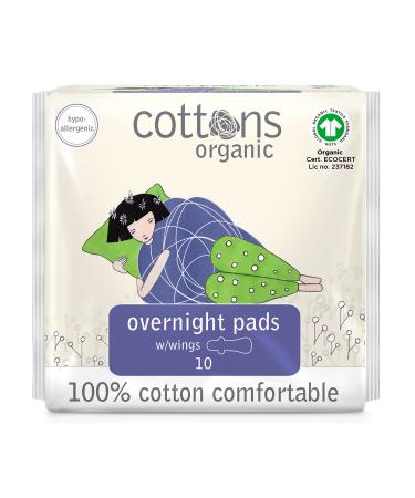 Cottons Overnight Sanitary Pads for Women 100% Organic Cotton Hypo-Allergenic Breathable Heavy Flow 10 Count (Pack of 1)