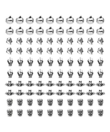 AIEX 100pcs 3D Nail Charms, Metal Nail Charms Ghost Skeleton Pumpkin Bat Skeleton Hand Alloy Nail Decorations Halloween 3D Nail Charms for DIY Halloween Nail Decoration Cellphone Crafts (Silver)