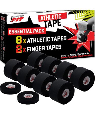 Summum Fit Black Athletic Tape Extremely Strong: 8 Rolls + 2 Finger Tape. Easy to Apply & No Sticky Residue. Sports Tape for Boxing Football or Climbing. Enhance Wrist Ankle & Hand Protection Now 10 Count