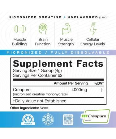 Muscle Feast Creapure - Micronized Creatine Monohydrate Powder | Premium Pre-Workout or Post-Workout | Creatine for Women & Men | Easy to Mix Vegan Gluten-Free Safe and Pure (Unflavored 250g) Unflavored 8.82 Ounce (Pack  - Buy Online on GoSupps.com