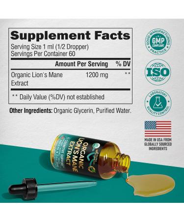 Lions Mane Liquid - USDA Certified Organic Lions Mane Supplement - Brain Support Energy Memory & Focus - Sugar & Alcohol-Free Lion's Mane Mushroom Extract 72 000 mg / Bottle 2 Fl OZ 2 Month Supply 2 Fl Oz (Pack of 1) - Buy Online on GoSupps.com