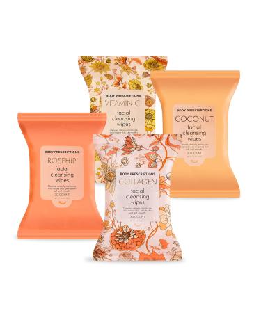 Facial Cleansing Wipes | Coconut Vitamin C Rosehip and Collagen Face Cleansing and Gentle Makeup Remover Wipes 4 Pack (30 Count Each) 120 Towelettes | Beauty Concepts