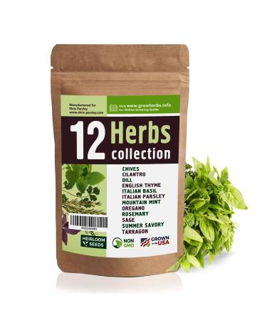 12 Culinary Herb Seeds Variety - USA Grown for Indoor or Outdoor Garden - Heirloom and Non GMO - Italian Basil, Parsley, Cilantro, Mint, Chives, Thyme, Oregano, Tarragon, Dill, Rosemary, Sage & More