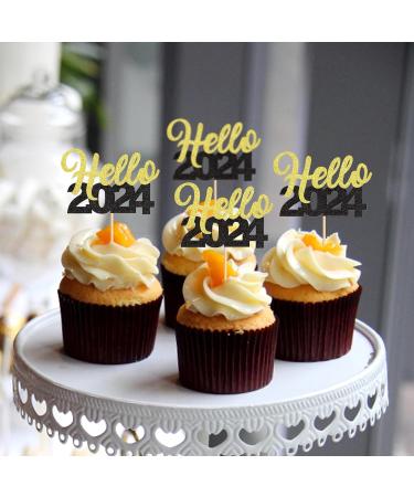 30 Pcs Glitter Happy New Year Cupcake Toppers 2024 Gold Black Cupcake topper Cheers to 2024 Cake Picks for New Years Eve Party Decoration (Hello) - Buy Online on GoSupps.com