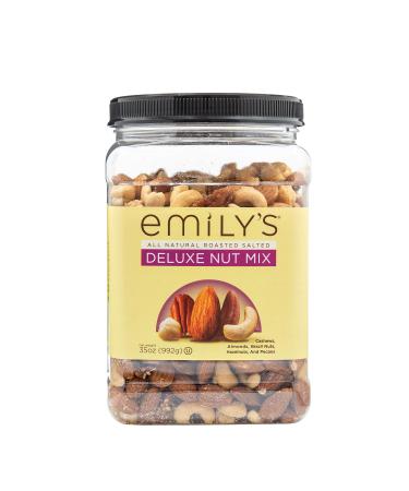 Emily's Deluxe Mixed Nuts, Roasted and Salted, Healthy Snacks with Simple Ingredients, 35oz Resealable Bulk Container - No Peanuts