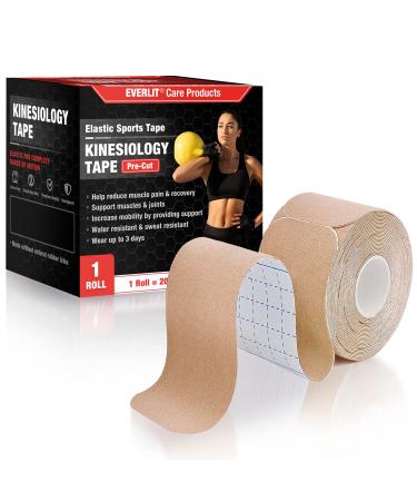 EVERLIT Single Pre-Cut Elastic Cotton Kinesiology Therapeutic Athletic Sports Tape, for Pain Relief and Support, 20 Precut 10 Strips (Beige)