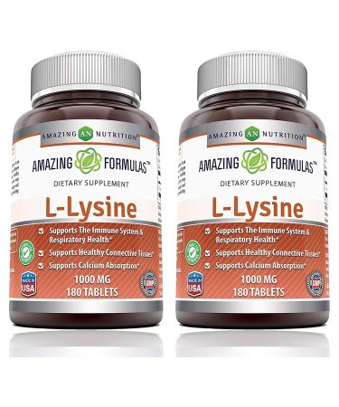 Amazing Formulas L-Lysine 1000mg Amino Acid Vitamin Tablets (Non-GMO,Gluten Free) - Commonly Used for Cold Sores, Shingles, Immune Support, Respiratory Health & More (180 Count (Pack of 2)