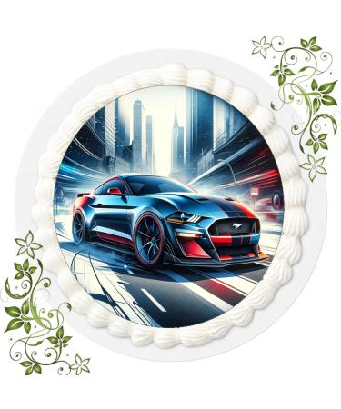 Cake Picture for Birthday Sugar Picture with Ford Mustang Motif Edible Photo for Cakes Cake Image Cake Topper Diameter 20 cm FONDANT Muscle Car No. 10