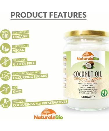 Organic Virgin Coconut Oil 500ml | Raw Cold Pressed from Sri Lanka | NaturaleBio Unrefined & Natural | Pack of 1 - Buy Online on GoSupps.com