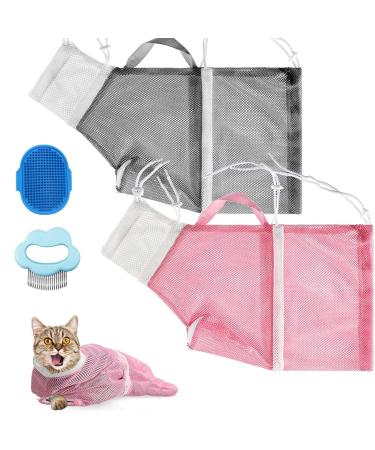 Cat Shower Net Bag Cat Bath Bag Breathable Multifunctional Adjustable Anti-Bite and Anti-Scratch Restraint Bag Cat Grooming Bag With cat comb and grooming brush for Bathing/Nail Trimming/Ear Clean