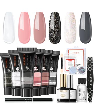 Modelones Poly Nail Gel Kit Enhancement Builder Gel Nude Gray Glitter Nail Extension Gel Kit with Slip Solution Trial Professional Technician All-in-One French Kit