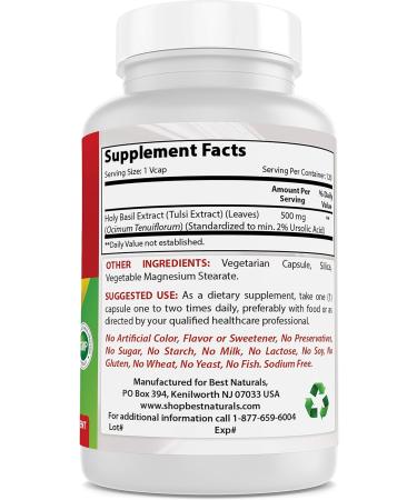 Best Naturals Holy Basil Extract 500mg - 120 Vegetarian Capsules - Buy Online on GoSupps.com