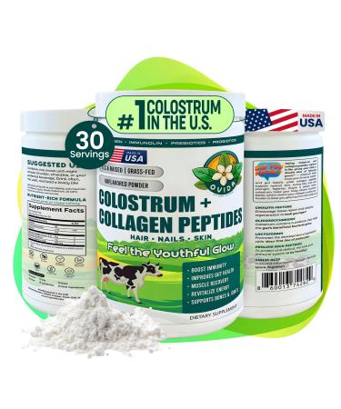 OVIDA Premium Bovine Colostrum and Collagen Peptides - Grass-Fed Non-GMO Gut Health Immune Support Joint & Bone Health Support Hair Growth & Skin Beauty Supplement Unflavored 300g 30 Servings