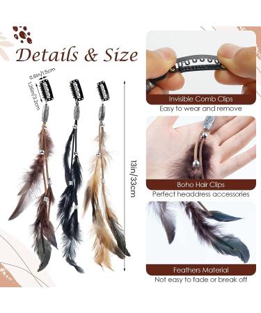 Handmade Boho Feather Hair Clips - 3 Piece Set for Women & Girls | Hippie Headband Headdress with Clip Comb | Stylish Hair Extensions & Accessories - Buy Online on GoSupps.com