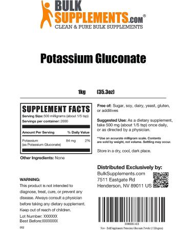 Potassium Gluconate Powder - 84mg per Serving - 1kg (2.2 lbs) Pack - BulkSupplements.com - Buy Online on GoSupps.com