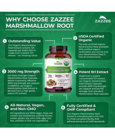 Zazzee USDA Organic Marshmallow Root 10:1 Extract 3000 mg Strength 120 Vegan Capsules 4 Month Supply Standardized Concentrated 10X Extract 100% Vegetarian All-Natural Non-GMO Made in The USA - Buy Online on GoSupps.com