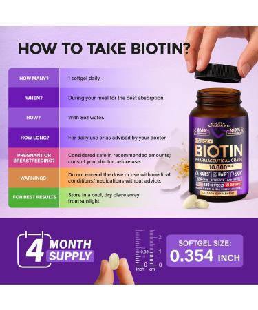 Biotin 10000mcg with Silicon - Pharmaceutical Grade Biotin Supplement for Women - Hair Growth Support Skin & Nails - Max Strength & 100% Bioavailability - Made in USA - 120 Softgels 120 Days Supply - Buy Online on GoSupps.com