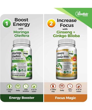 Focus + Energy Bundle | Panax Ginseng & Ginkgo Biloba Tablets + Moringa Oleifera Capsules - Non-GMO Superfood for Energy and Brain Function - Buy Online on GoSupps.com