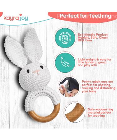 Crochet Bunny Rattle with Wooden Teether Ring - Baby Girls and Boys Diaper Bag Clip Toy - Natural Cotton - Buy Online on GoSupps.com