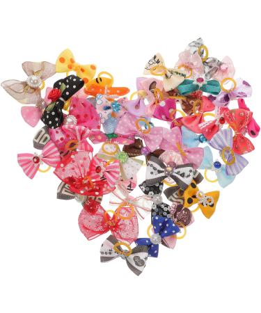 POPETPOP 50pcs Dog Bows with Rubber Bands-Pet Cat Dog Hair Bows Multicolor Rhinestone Beads Flowers Topknot Puppy Bows(Mixed Color)