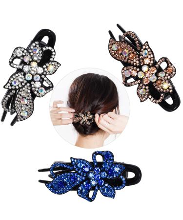 3Pcs Rhinestone Duckbill Hair Clips  hoyuwak Diamond Alligator Hair Clips  Flat Claw Clips with Flower Decorative Barrettes for Women Girls Thick or Fine Hair(White  Blue  Champagne)