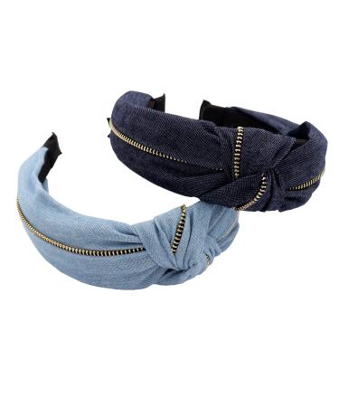 Vinobowtique 2Piece Women Jeans Zipper Headbands With Twist Knot Wide Turban Headwraps Hair Band Bows Accessories For Girls