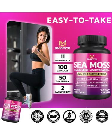 BMVINVOL Sea Moss Black Seed Shilajit Ashwagandha + Bladderwrack Ginger Moringa Turmeric Burdock Ginseng Rhodiola Rosea - 100 Capsules - Buy Online on GoSupps.com