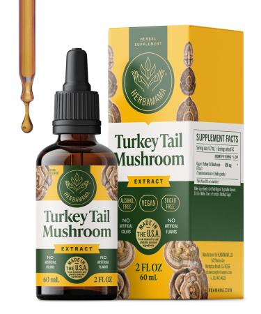 HERBAMAMA Turkey Tail Tincture - Vegan Immune Support & Digestive Cleanse with Turkey Tail Mushroom Extract Drops - Non-GMO Alcohol & Sugar-Free Liquid Immunity Supplement 28-Day Supply 2 Fl Oz (Pack of 1)